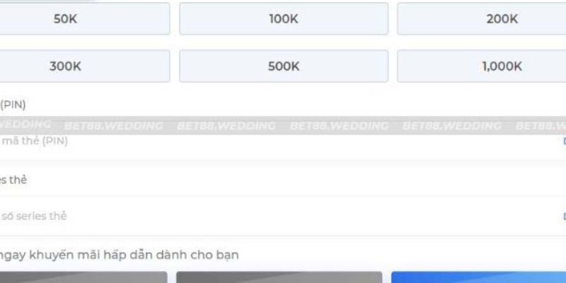 Chọn mục nạp tiền BET88 và số tiền cần đưa vào tài khoản